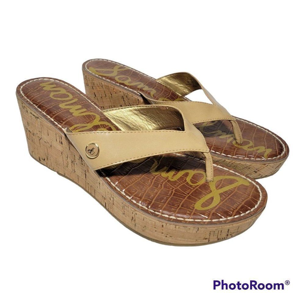 Sam Edelman Tan and Gold Cork Wedge Thong Sandals